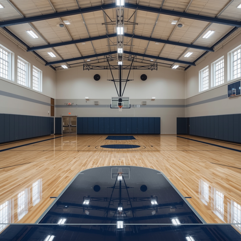 Nano Banana2: Generate an image of an empty, highly modern indoor school basketball court with shiny clear polished wooden floors, bright overhead lighting, and professional hoops. Ensure no human figure or woman image is present.